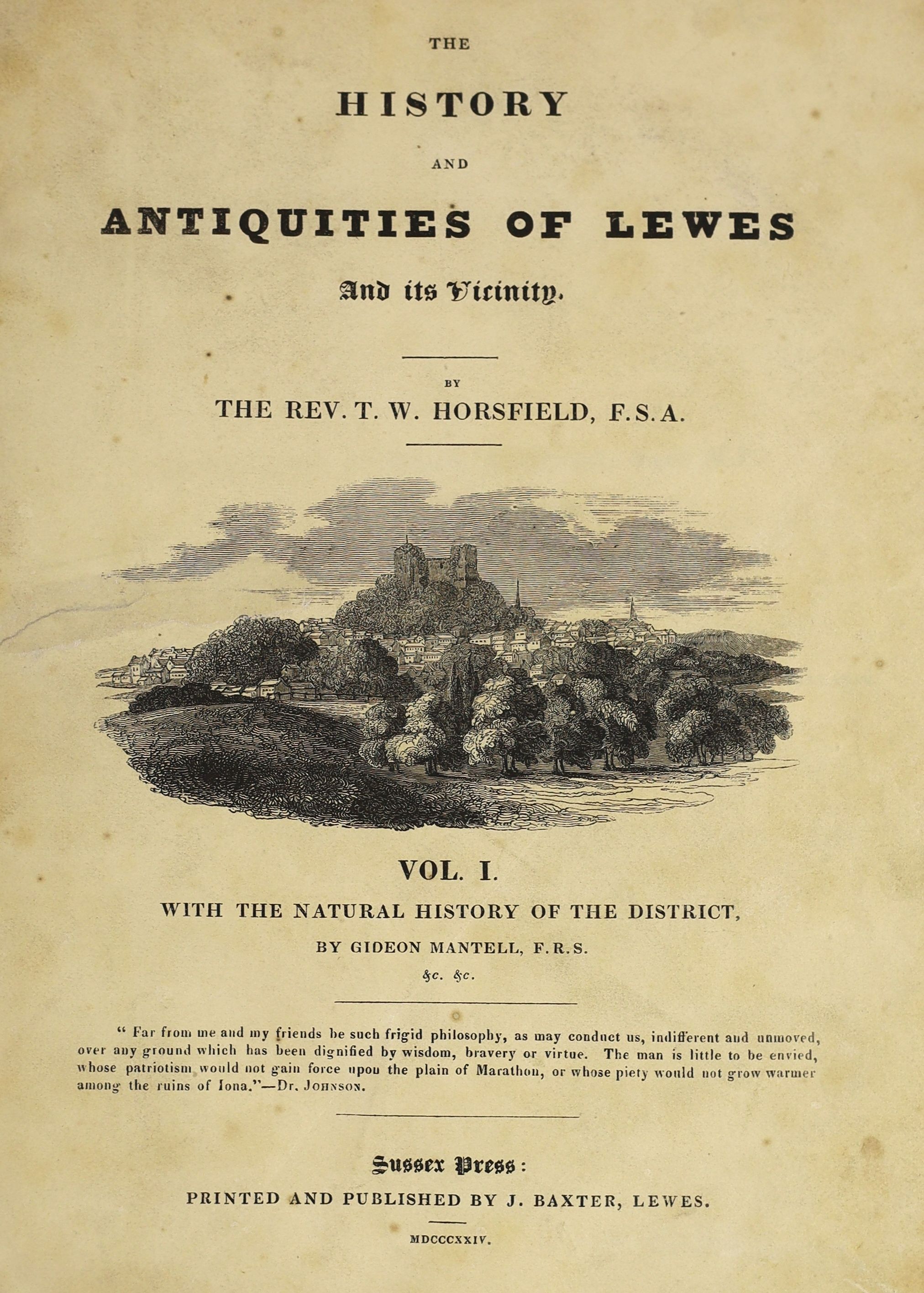 Horsfield, T.W. - The History and Antiquities of Lewes and its vicinity, 2 vols., first edition, folding map, 30 lithographed plates, 10 engraved plates, wood-engraved illustrations, spotted (as usual), green half calf,